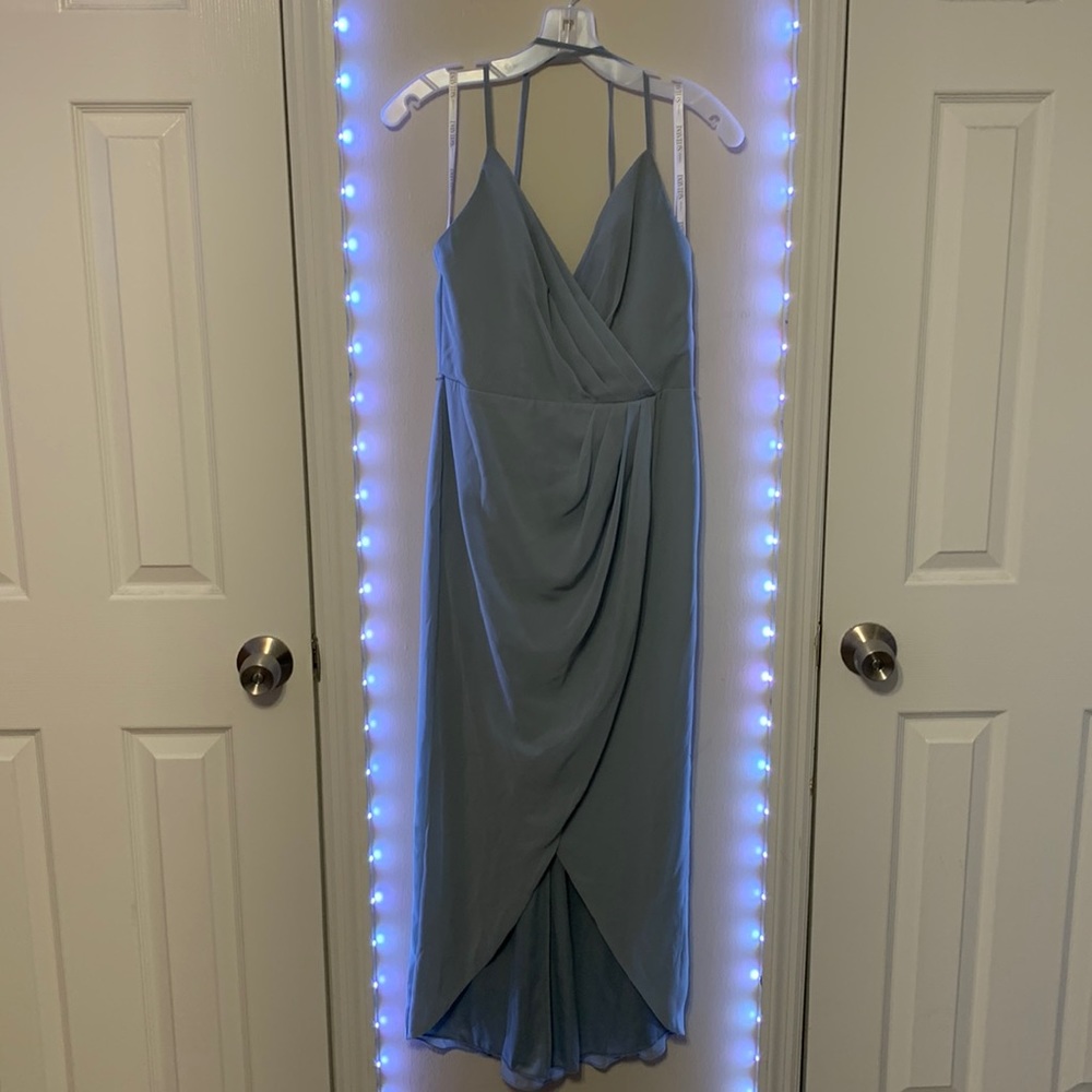 David’s Bridal light gray high low bridesmaids dress